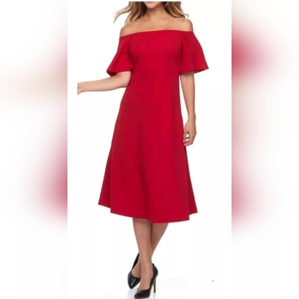 Red off-shoulder fit flare knee length stretch fabric machine wash dress